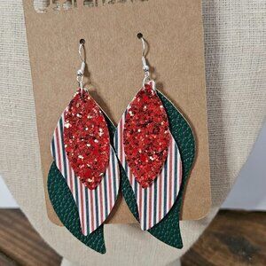 FAUX Leather Earrings, between 2.5" and 3.5" NWT, Christmas red/green
